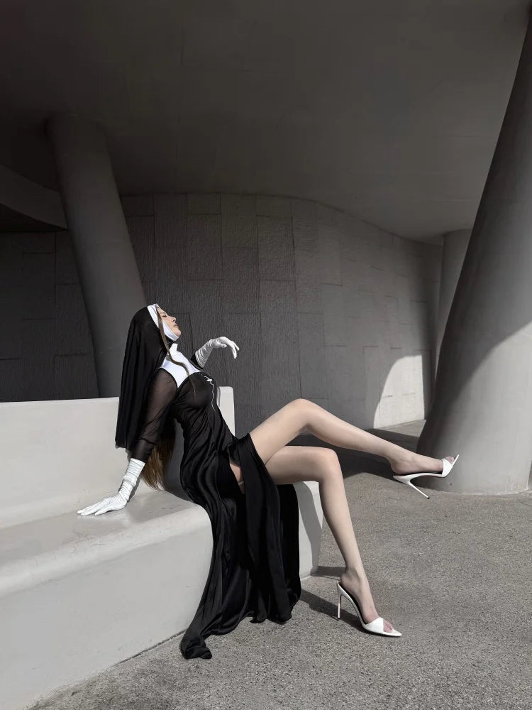 Sexy Anime Nun Cosplay Costume Women Fancy Dress Uniform Halloween Party Adult Madonna Dress Black Fancy Robe Headdress Set 2025
