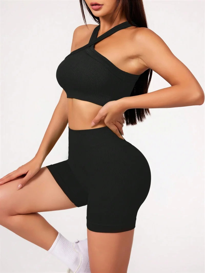 Conjunto de 2 piezas de yoga con sensación de desnudo para mujer, ropa de entrenamiento, pantalones cortos de yoga de cintura alta y sujetador deportivo con tiras, conjuntos cortos de verano