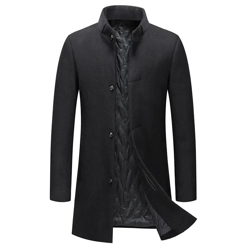 Black Men Wool Long Trench Coat Stylish Single Breasted Quilted Lined Wool Blend Pea Coats Men Winter Cashmere Coat Windbreaker