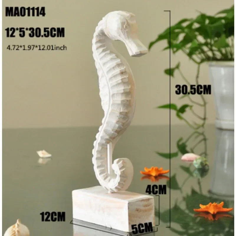 Accesorios de decoración del hogar de estilo mediterráneo, artesanías de madera, estrellas de mar, caracolas, hipocampo, tallado en madera, decoración marina para sala de estar.