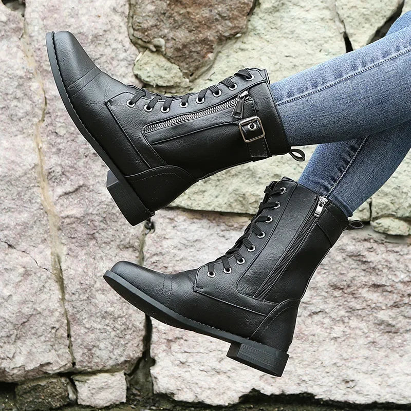 Botines de tacón cuadrado para mujer, botas de trabajo cortas de piel sintética para otoño e invierno, botas elásticas con cordones de talla grande para mujer 2024
