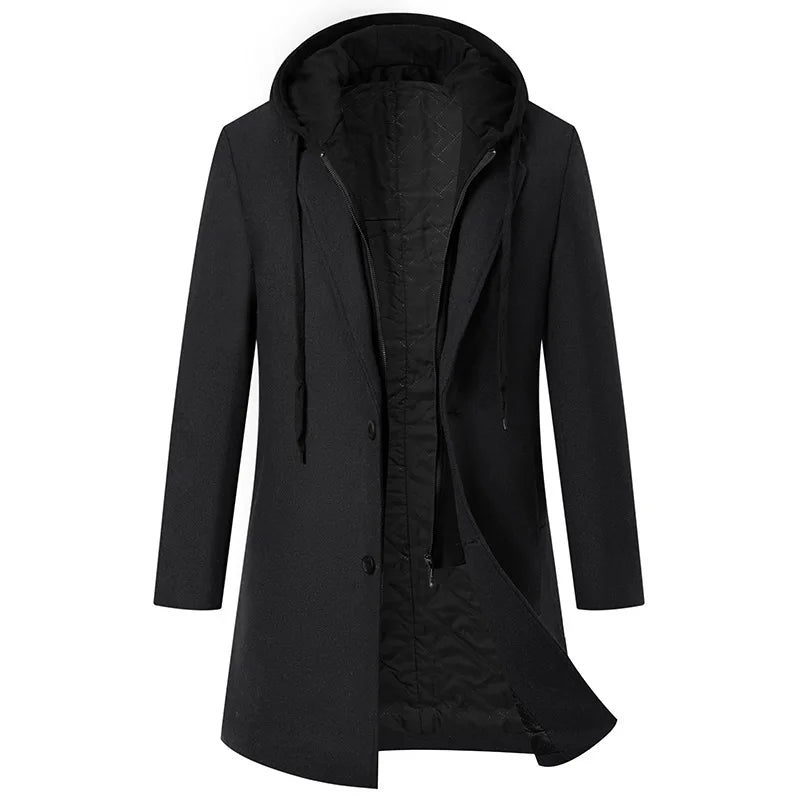 Autumn Winter Men's Wool Trench Coat Fashion Hooded Warm Long Woollen Coats Business Casual Turn Down Collar Woolen Blend Men