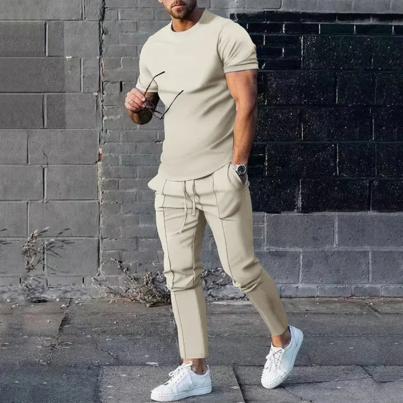 Conjunto deportivo para hombre, otoño 2023, verano, liso, informal, cuello redondo, manga corta, camiseta deportiva, conjunto de dos piezas para hombre