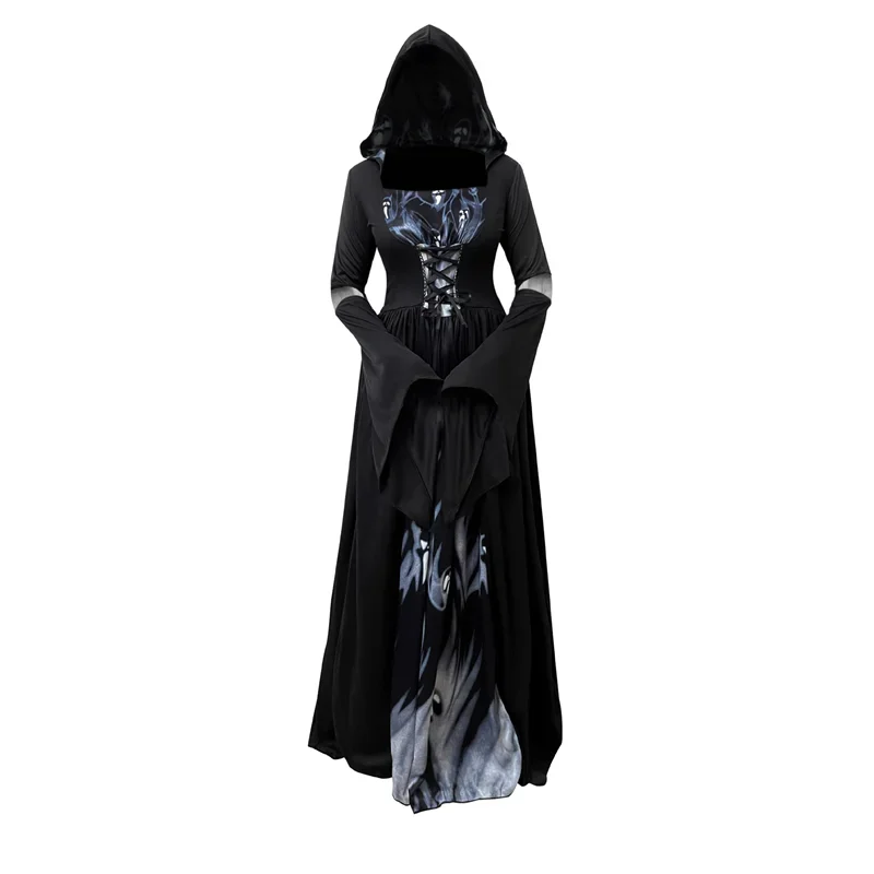 Halloween Witch Dress Skeleton Witch Sorcerer Adult Women Cosplay Costume Hood Skirt Stage Performance Modern Dance Wear Outfits