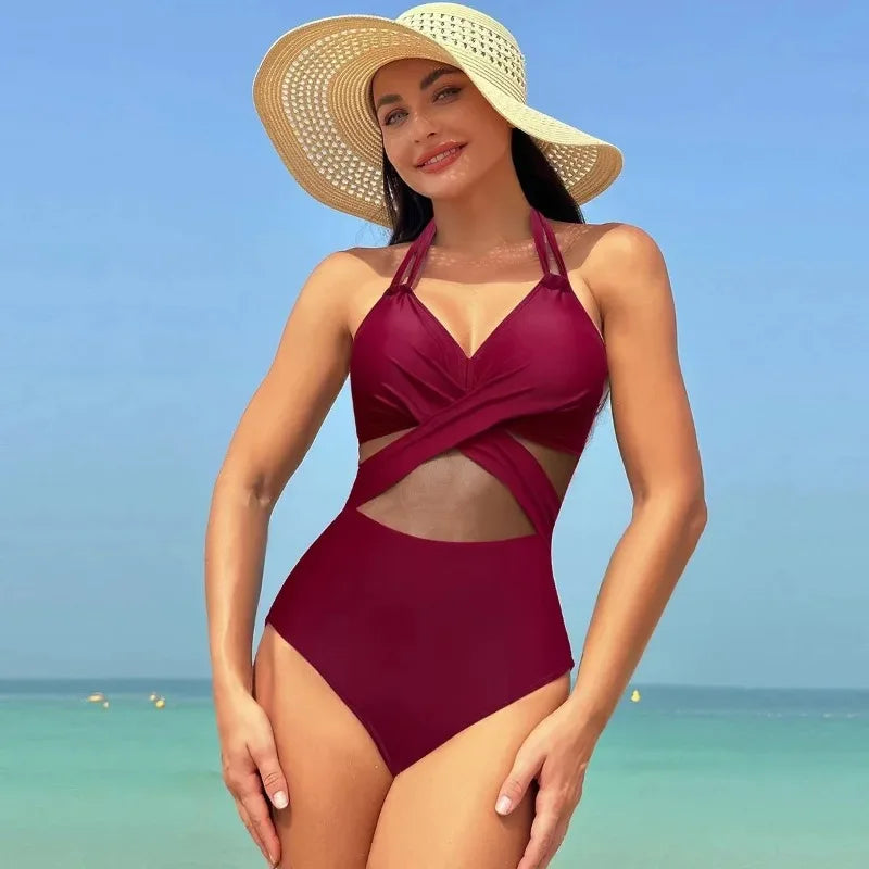 2024 Women One Pieces Solid Swimsuits Sexy Swimwear Bathing Suits Rib Mesh V-neck Swimsuit Bathing Suit Beach Pool Bather
