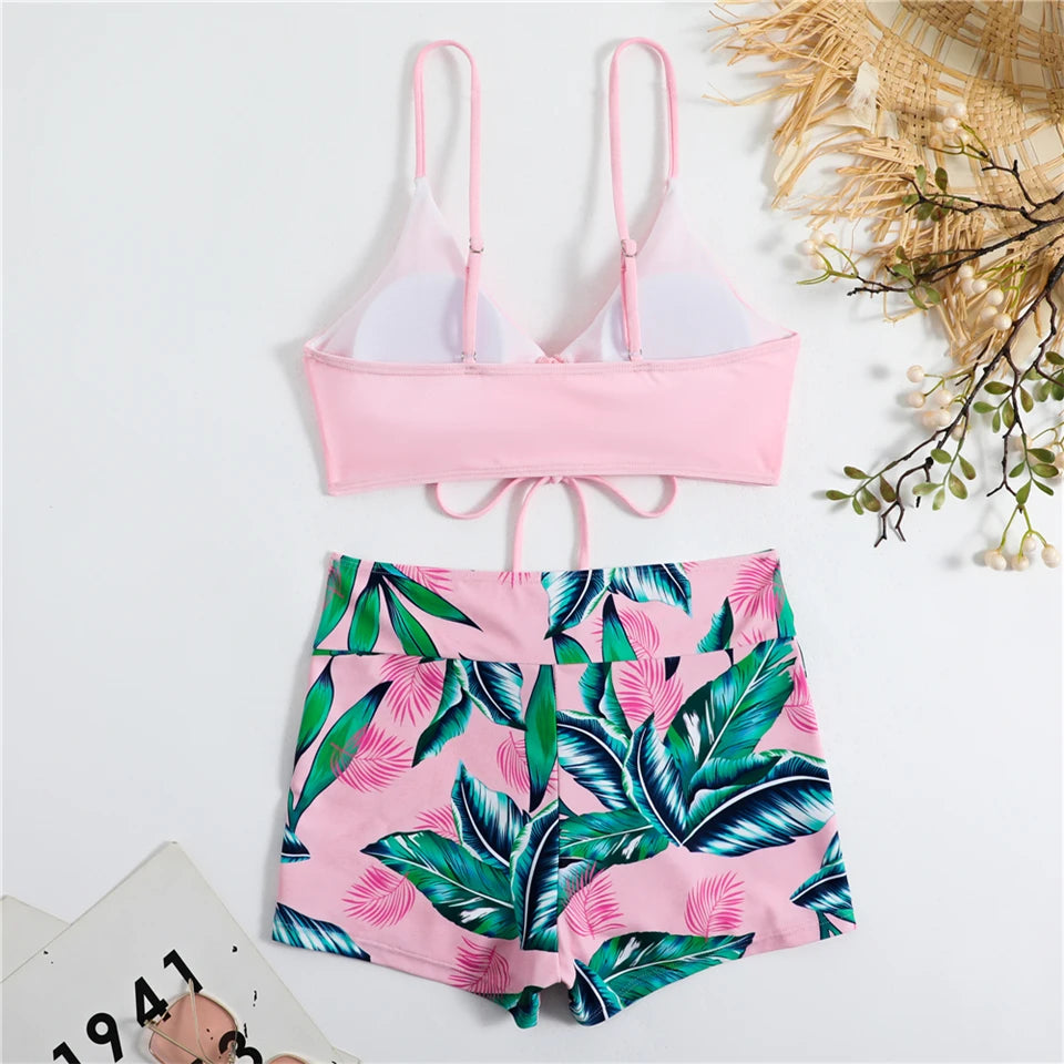 Bikini con cordón y estampado tropical para mujer, traje de baño de cintura alta con lazo frontal, pantalones cortos, traje de baño sexy para mujer, ropa de playa de verano