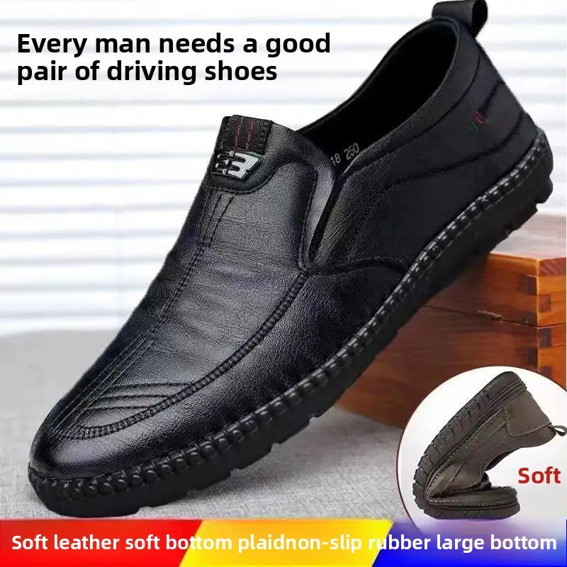 Zapatos de conducción de cuero cómodos para hombre, sin cordones, con suela suave, antideslizantes, transpirables, para personas de mediana edad y mayores.