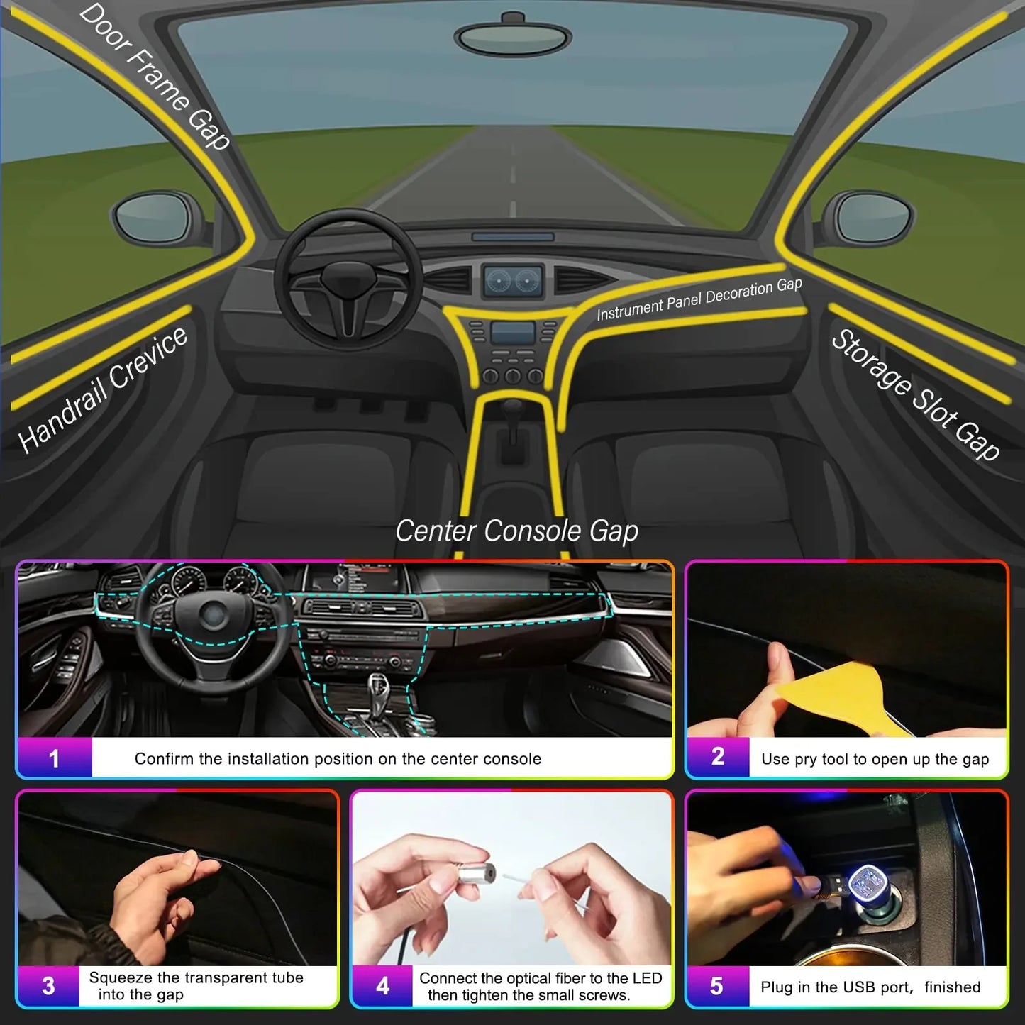 Tira de luces LED para ambiente interior de coche, RGB, fibra óptica, iluminación de neón con control remoto por aplicación, lámparas decorativas para coche