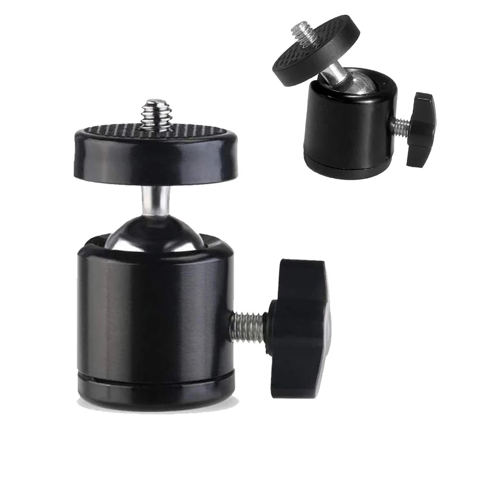 Adaptador de cabezal de cámara para trípode con zapata de 1/4" y orificio para tornillo, cabezal esférico con bloqueo, soporte para flash y luz LED para cámaras DSLR y DV.