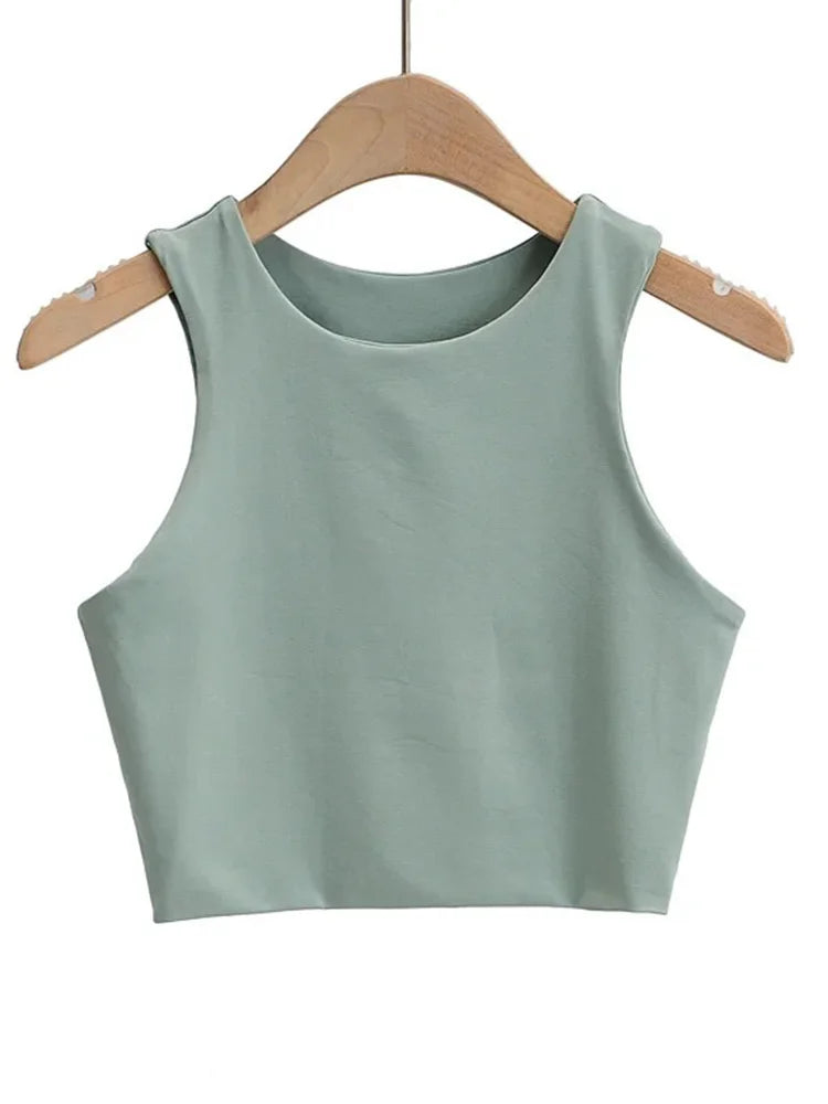 Tops ajustados sexis de moda de verano 2023 para mujer, cuello redondo, sin mangas, de nailon doble, de buena calidad, en 6 colores