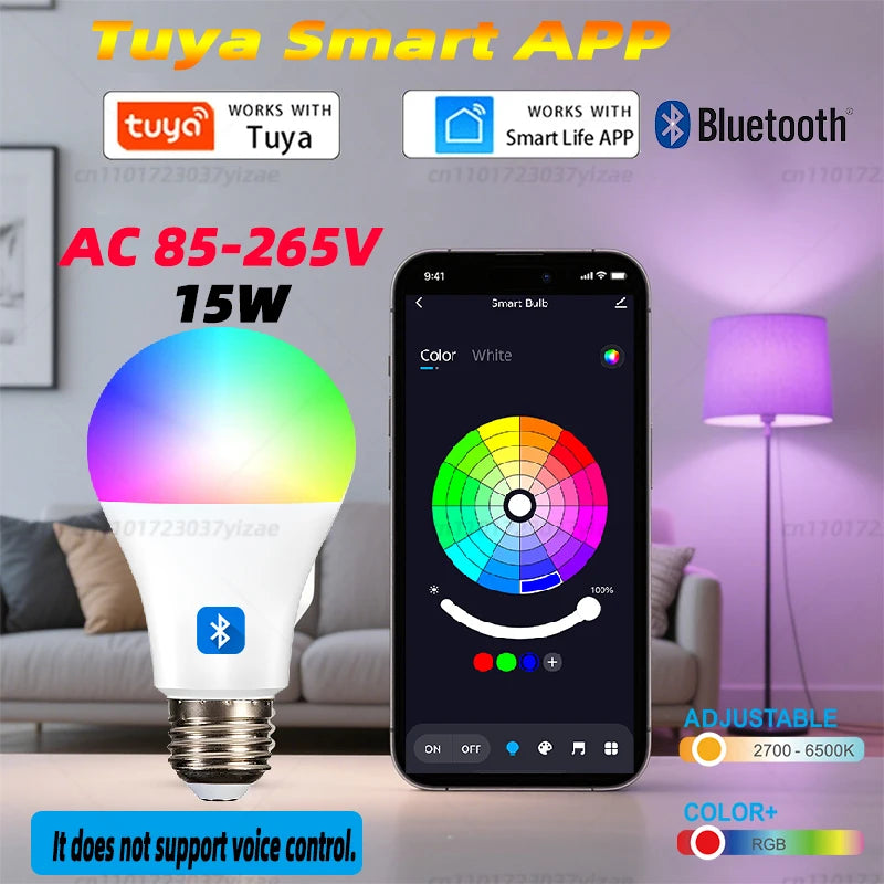 Bombillas inteligentes Tuya con Bluetooth y WiFi, E27, LED RGB, 9 W, 15 W, control por voz con la aplicación Smart Life, Alexa, Google Home.