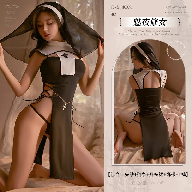 Japanese Erotic Sexy Nun Costume Women Cosplay Lingerie Gothic Maid Costume Nun Dress Anime Roleplay Halloween Sex Porno Clothes