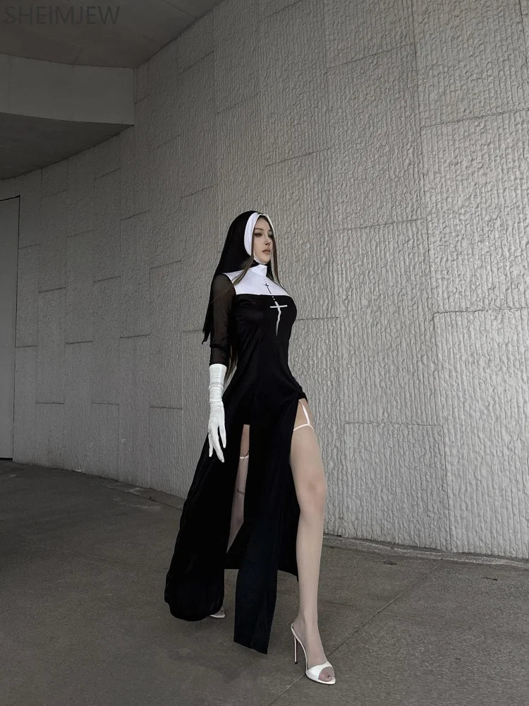 Sexy Anime Nun Cosplay Costume Women Fancy Dress Uniform Halloween Party Adult Madonna Dress Black Fancy Robe Headdress Set 2025