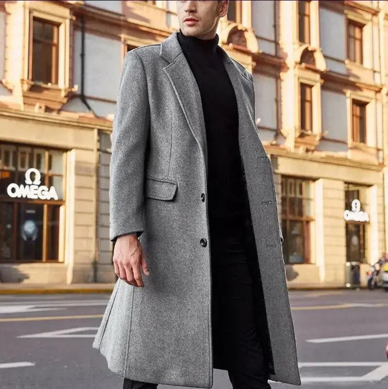 Ropa informal de otoño e invierno para hombre, abrigo de lana estilo británico, nuevo cortavientos largo de color liso estilo coreano, tallas S-XXXL