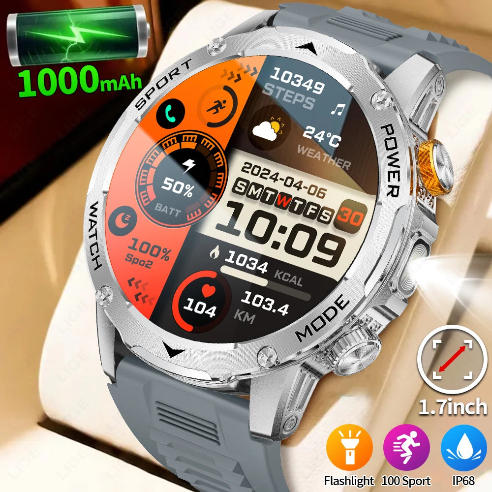 Reloj inteligente para hombre, nuevo, con batería de 1000 mAh, pantalla AMOLED HD de 1,7 pulgadas, control del ritmo cardíaco, linterna, llamadas Bluetooth, reloj inteligente de salud para hombre.