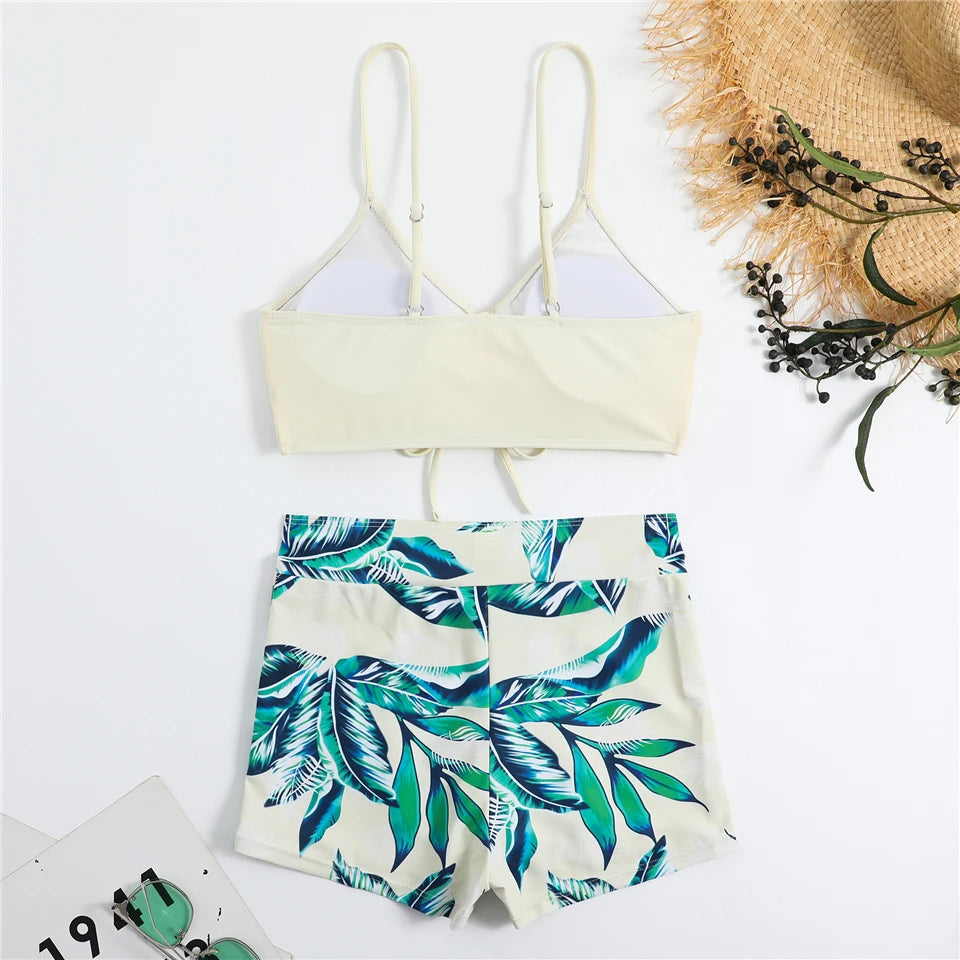 Bikini con cordón y estampado tropical para mujer, traje de baño de cintura alta con lazo frontal, pantalones cortos, traje de baño sexy para mujer, ropa de playa de verano
