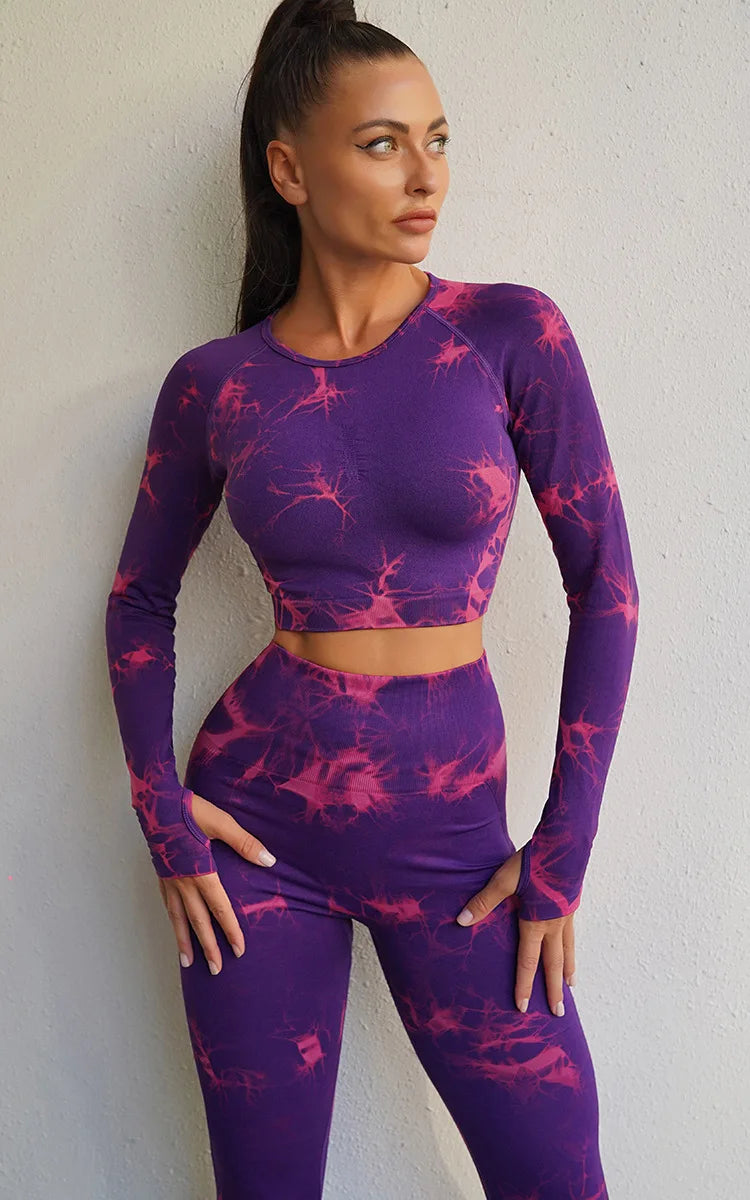 VEQKING - Ropa de yoga teñida para mujer, top corto de manga larga, pantalones de yoga de cintura alta, conjuntos deportivos, ropa de gimnasio de secado rápido