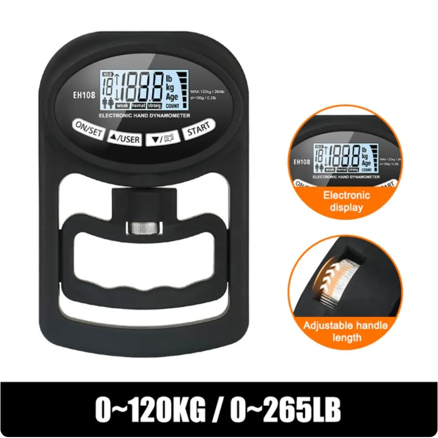 Dinamómetro digital de mano de 120 kg/265 lb con pantalla LCD y USB para entrenamiento de potencia y deporte.