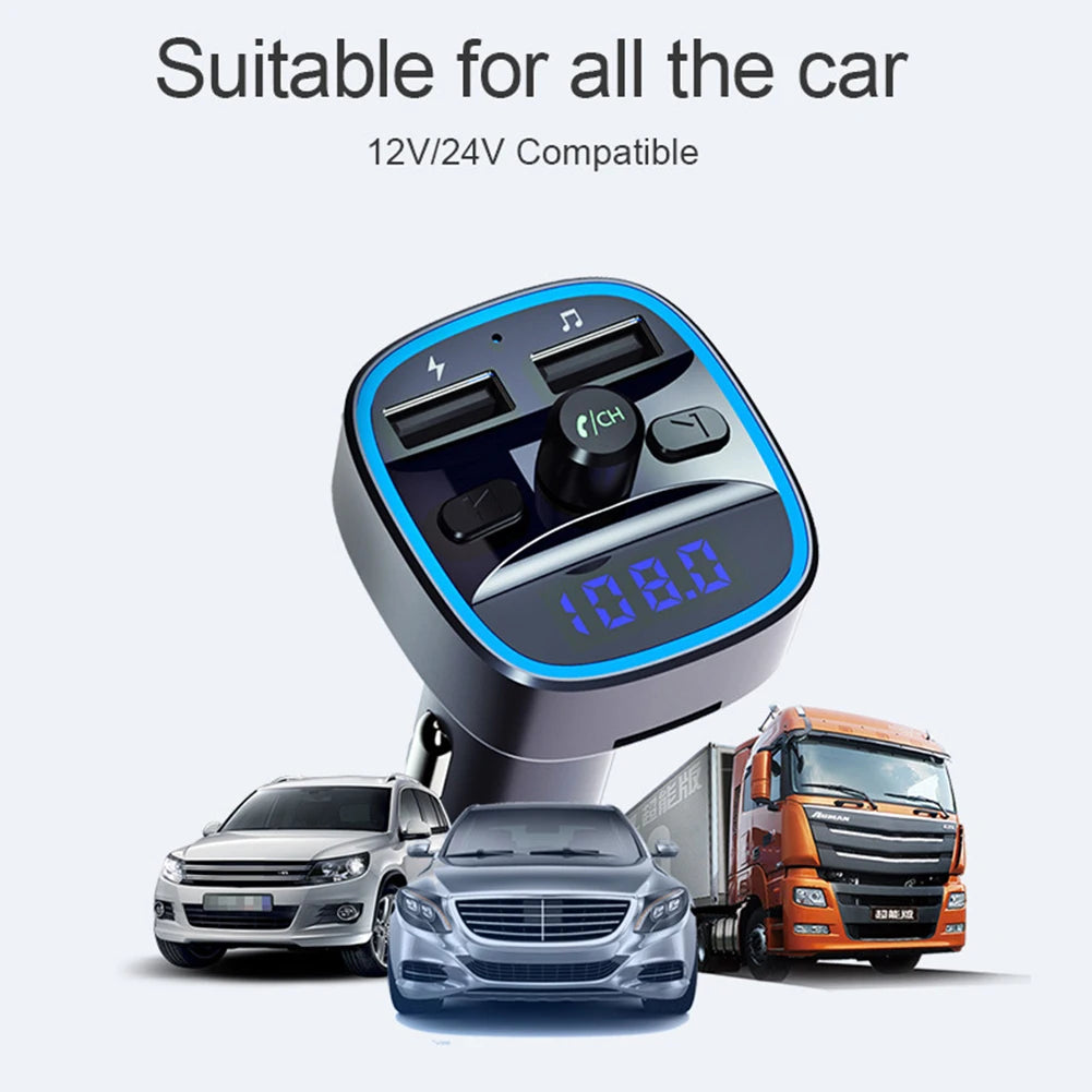 Práctico transmisor FM portátil para coche con Bluetooth 5.0, reproductor MP3, textura clásica multifuncional, doble USB