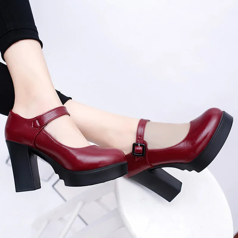 Zapatos de tacón alto para mujer, plataforma, con hebilla y punta redonda, para primavera y verano