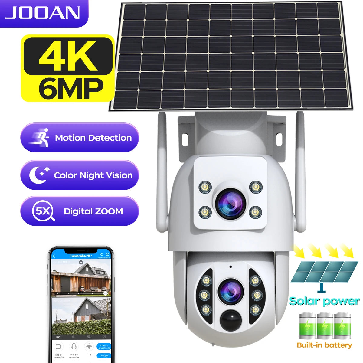 Cámara de seguridad solar JOOAN 4K, inalámbrica, para exteriores, con doble lente, IP, PIR, visión nocturna a color, seguimiento automático, batería, CCTV
