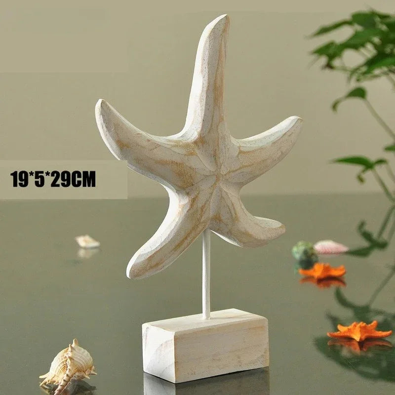 Accesorios de decoración del hogar de estilo mediterráneo, artesanías de madera, estrellas de mar, caracolas, hipocampo, tallado en madera, decoración marina para sala de estar.