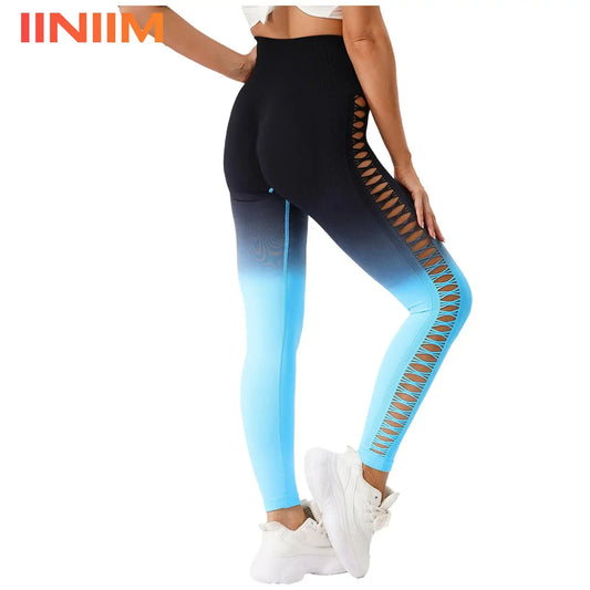 Womens Hip Tight Yoga Pants High Waist Side Hollowed-Out Mesh Design Exercise Yoga Leggings Running Gym Fitness