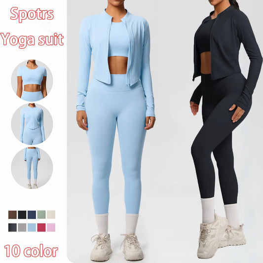 Conjunto de leggings de yoga, top deportivo con cremallera y manga larga, transpirable, para correr al aire libre, pantalones de yoga ajustados e informales, ropa de fitness