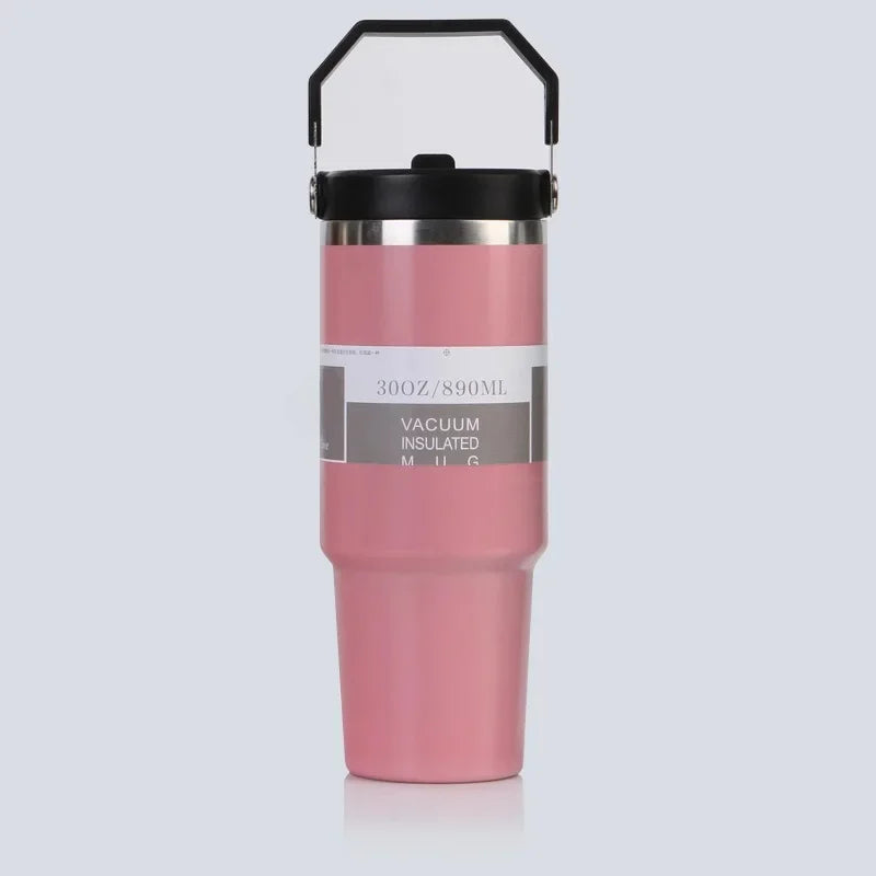 Vaso portátil de acero inoxidable de 30 oz con aislamiento para coche, con pajita y doble pajita para bebidas frías, ideal para usar en el vehículo.