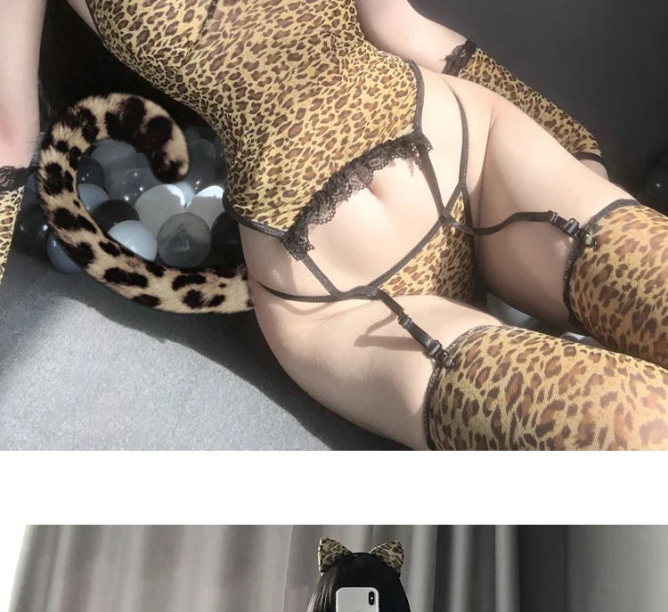 Erotic Sexy Lingerie Bodysuit Women Teddy Leopard Cat Girl Cosplay Costumes Anime Maid Love Live Temptation Uniform with Socks