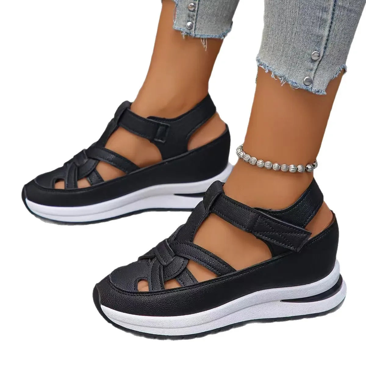 Sandalias de mujer de talla grande, primavera 2025, estilo romano, tacón grueso, informales, suela de goma, forro de poliuretano, fabricadas en China.