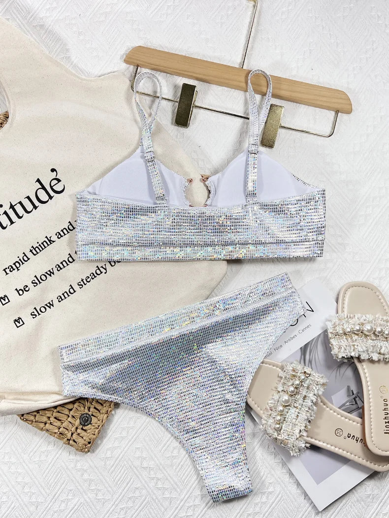 Bikini sexy de cintura alta con lentejuelas plateadas, traje de baño para mujer, conjunto de bikini, traje de baño nuevo, bikini femenino con push-up y aro de metal.