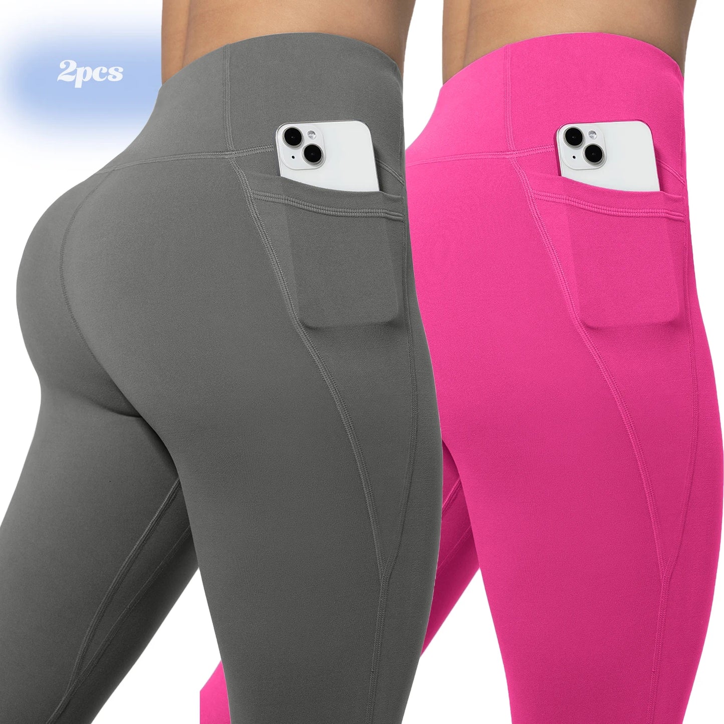 Leggings de yoga para mujer, 2 unidades, con bolsillos, color liso, para gimnasio, actividades al aire libre, cintura alta, ajustados, pantalones deportivos para correr.