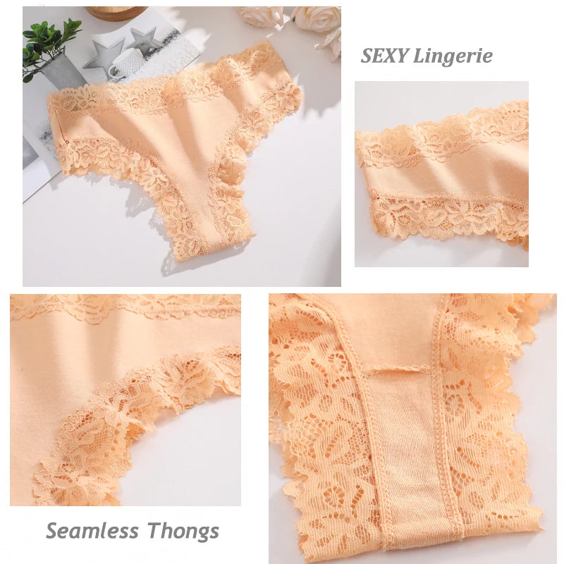 Conjunto de 4 bragas de algodón para mujer, lencería sexy brasileña sin costuras con encaje floral, de tiro bajo, transpirables