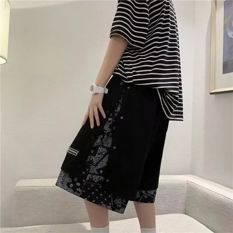 Pantalones cortos de estilo americano con cintura elástica para hombre, marca de moda, estilo hip hop, ropa de calle, holgados, de dos piezas, estilo casual de verano.