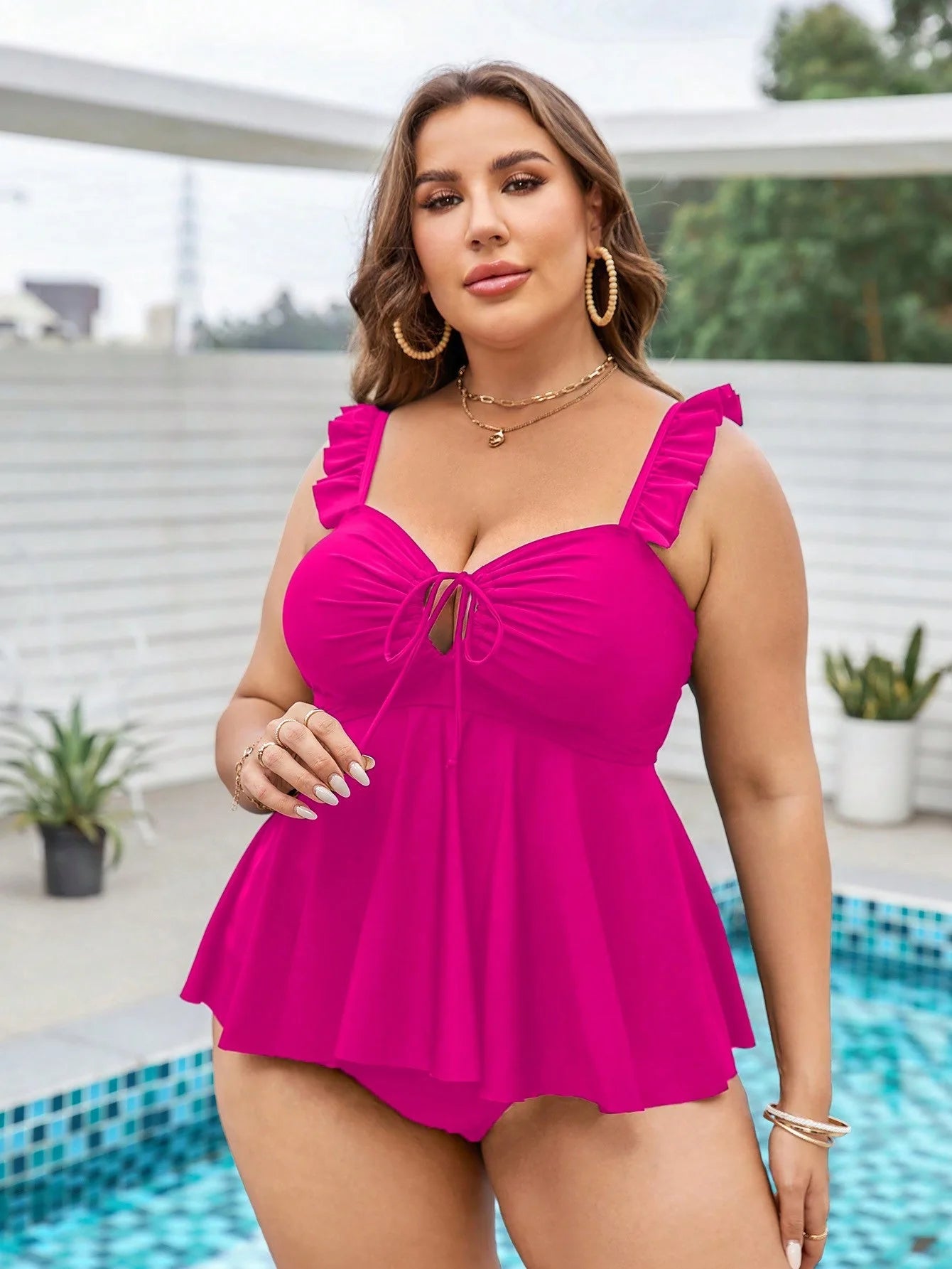VigoJany 2025 Sexy Solid Verge Strapped Plus Size Tankini Set Women Hollow Push Up Swimsuit High Waist Backless Bathing Suit