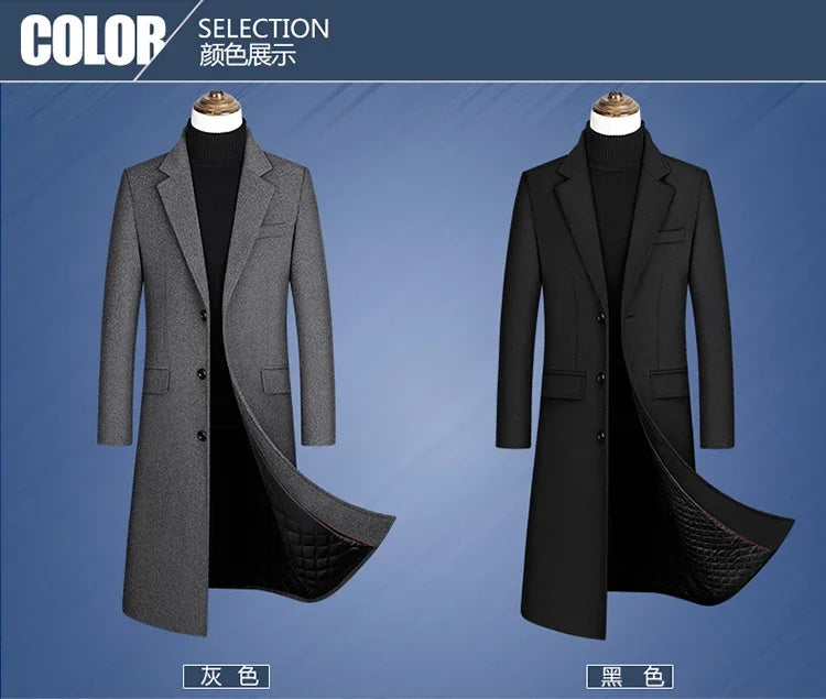 Nueva chaqueta cortavientos larga de lana de alta calidad para hombre, color negro y gris, clásica, gruesa y cálida, ideal para otoño e invierno (2025).