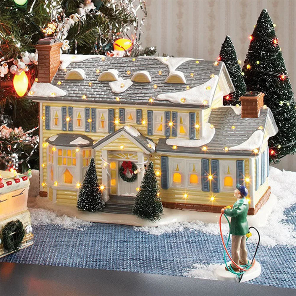 Adorno navideño de resina único hecho a mano para casa pequeña con luces LED para tu hogar y jardín festivos.