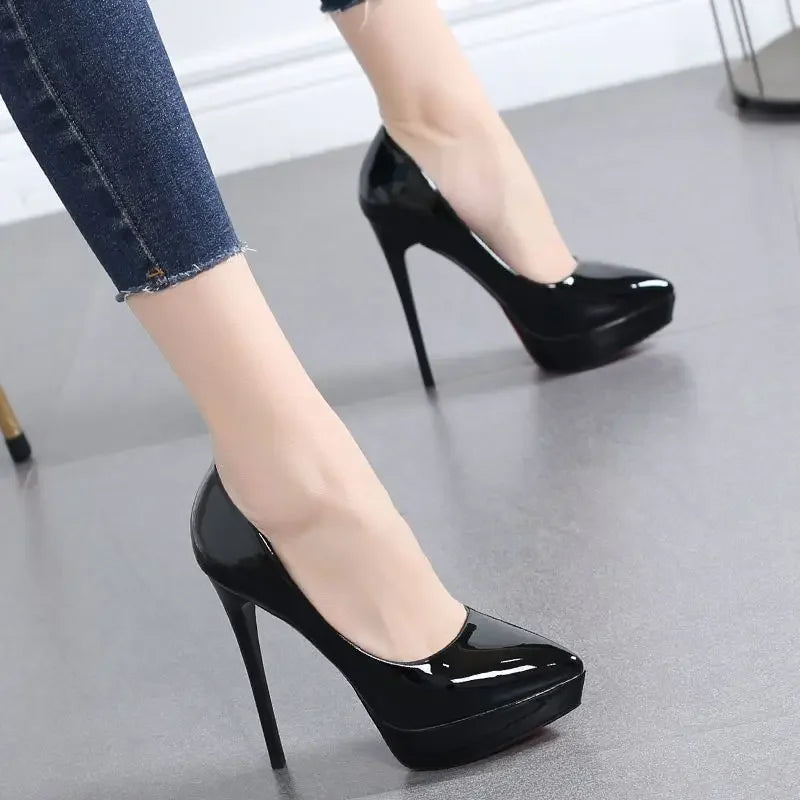 Tacones altos impermeables para mujer, sexys, color nude, plataforma fina de 12 cm, elegantes, versátiles, de punta puntiaguda, para mujer, boca baja S