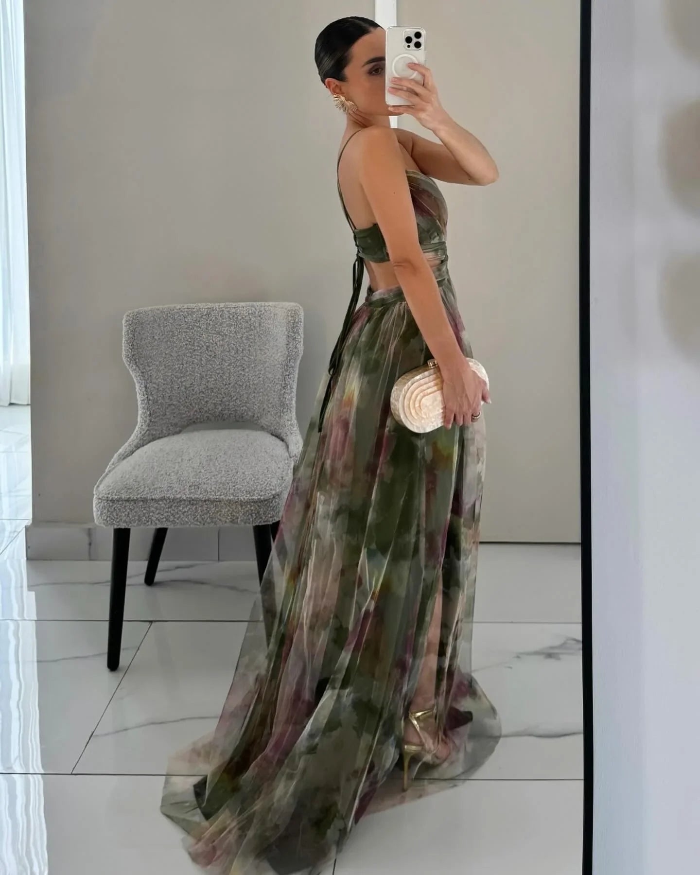 Sexy Hollow Out Party Dress, Women Summer Loungewear Fashion Printing Maxi Dress, Sleeveless Lace-Up Ladies Dress Vestido