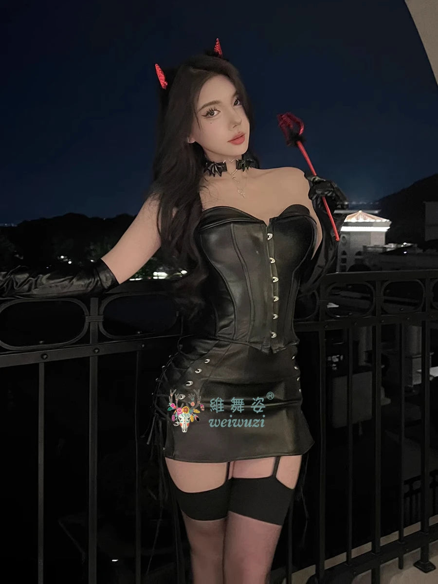 PU Leather Top and Skirt Set Vestido Strapless Top Shiny Hot Dress Tight Package Hip Queen Uniform Sexy Clubwear Cat Girl Set