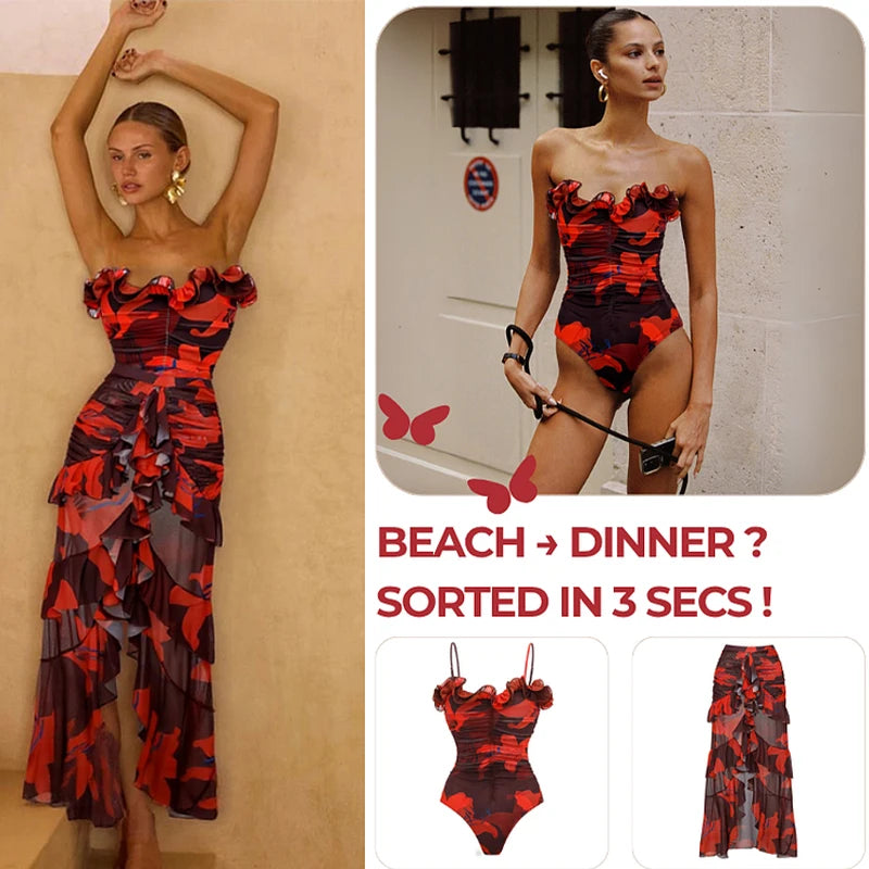 Sexy Swimsuit Women Bikini Set Lily Contrast Print Fabric Patchwork Skirt Push Up Swimsuit Biquini Bodysuit Bathing Suits