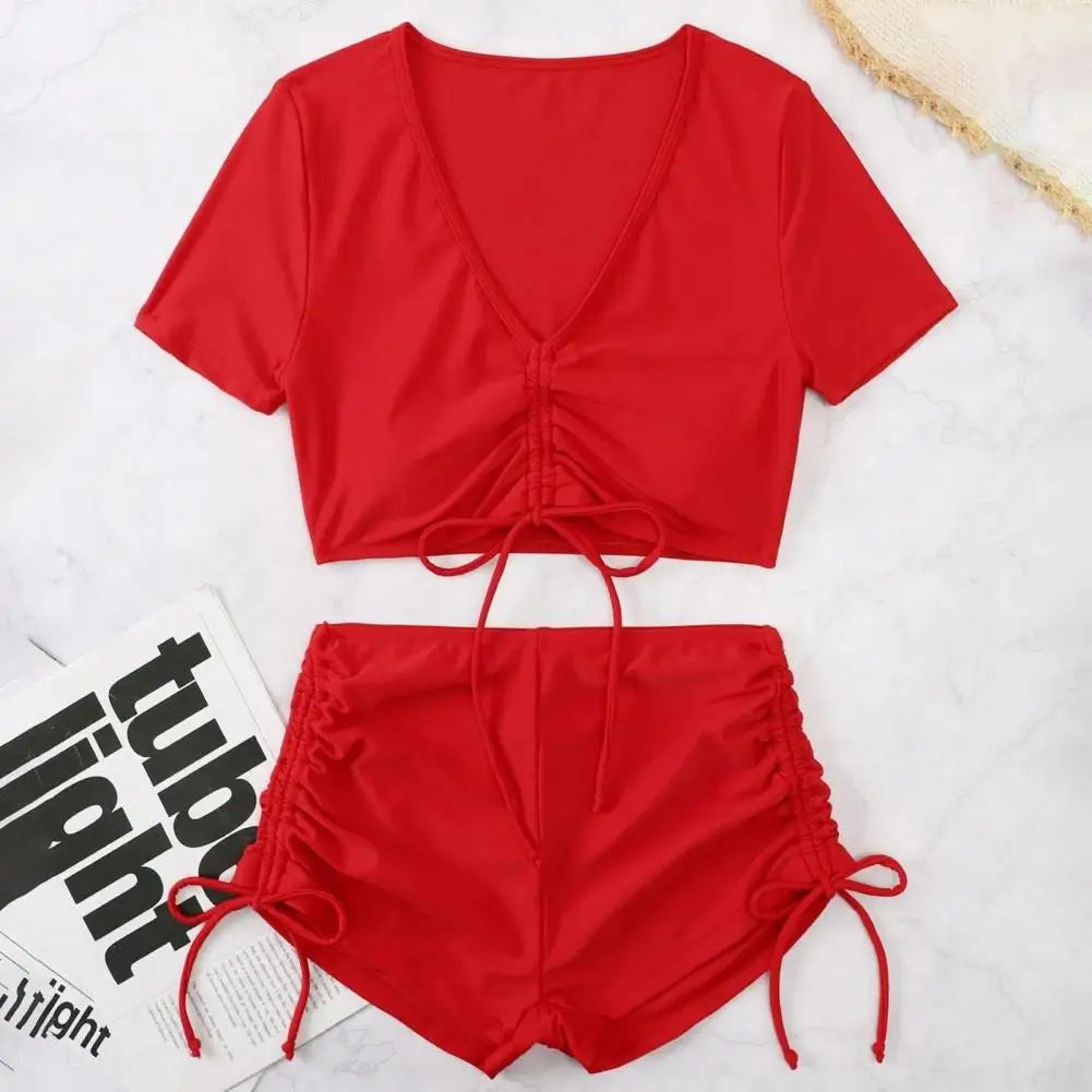 2Pcs/Set Swimsuit for Women Bikini Set V-Neck Short Sleeve Tops High Waist Drawstring Swimming Trunks Quick Drying Swimsuit