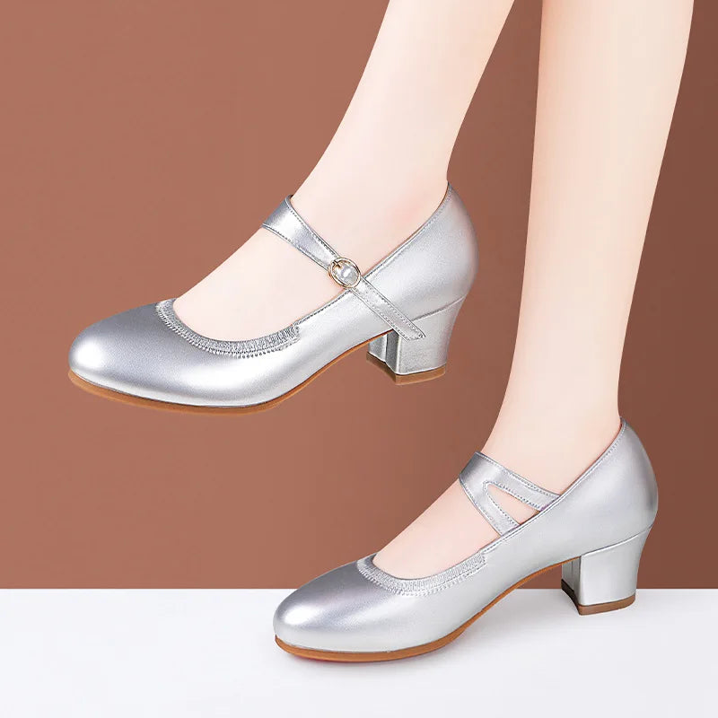 Zapatos Mary Jane de plataforma de piel suave, cómodos y poco profundos, de 3,5 cm y 5,5 cm, para primavera de 2025, con tacón de bloque mediano, para oficina y mamá.