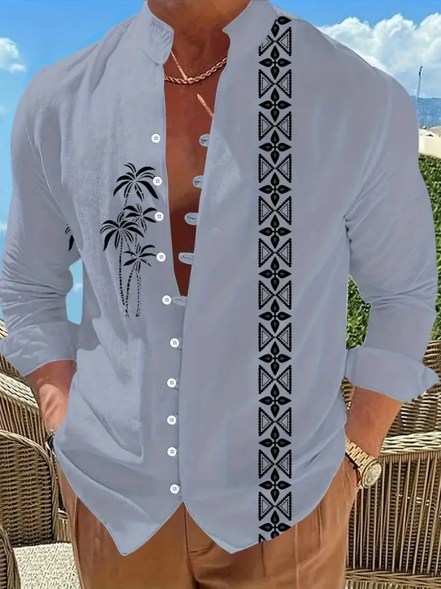 Nueva camisa de lino para hombre, con botones, patrón de tendencia de moda, corte ajustado, cómoda y suave, nueva marca retro.