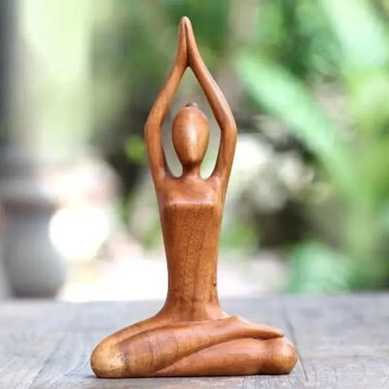 Estatua de meditación de yoga tallada en madera de chica de yoga, hecha a mano, pose de yoga, decoración del hogar