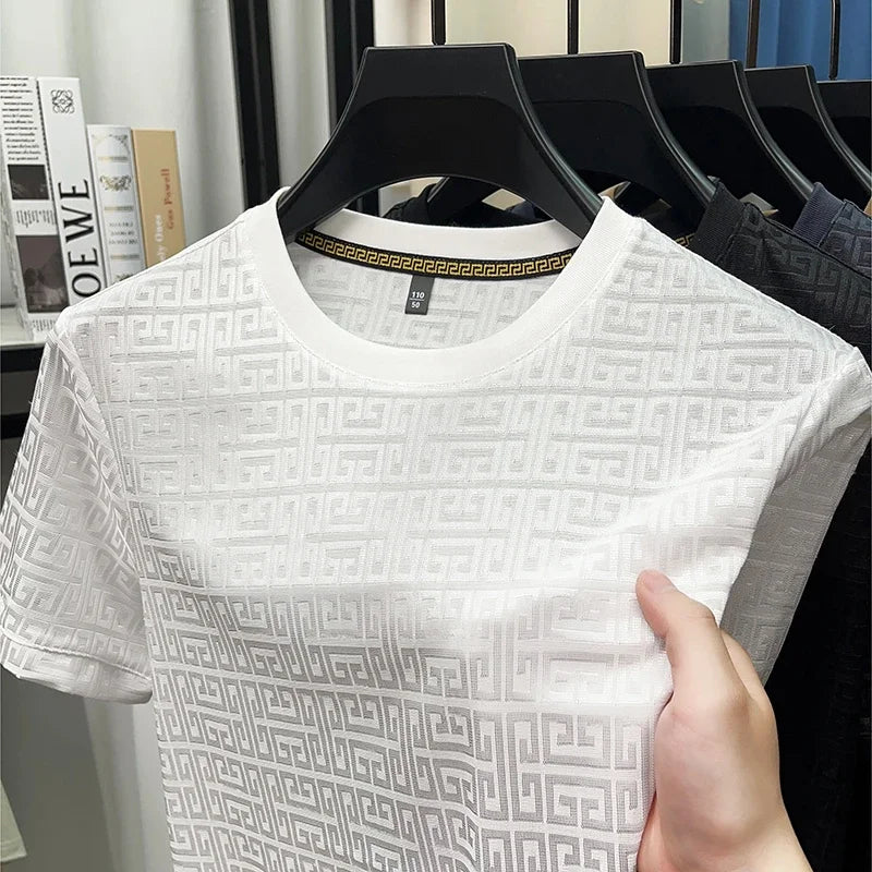 Camiseta de cuello redondo y manga corta de jacquard de moda para hombre, nueva, informal, cómoda y versátil para todas las estaciones, 2025