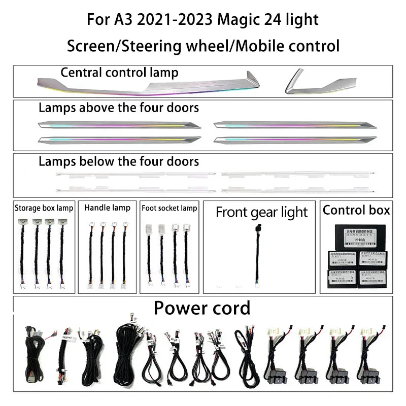 Luz ambiental LED Ouchuangbo para A3 8Y RS3 A3L 2021-2024, iluminación interior, 256 colores, lámpara de ambiente, kit de retroiluminación, moldura dinámica