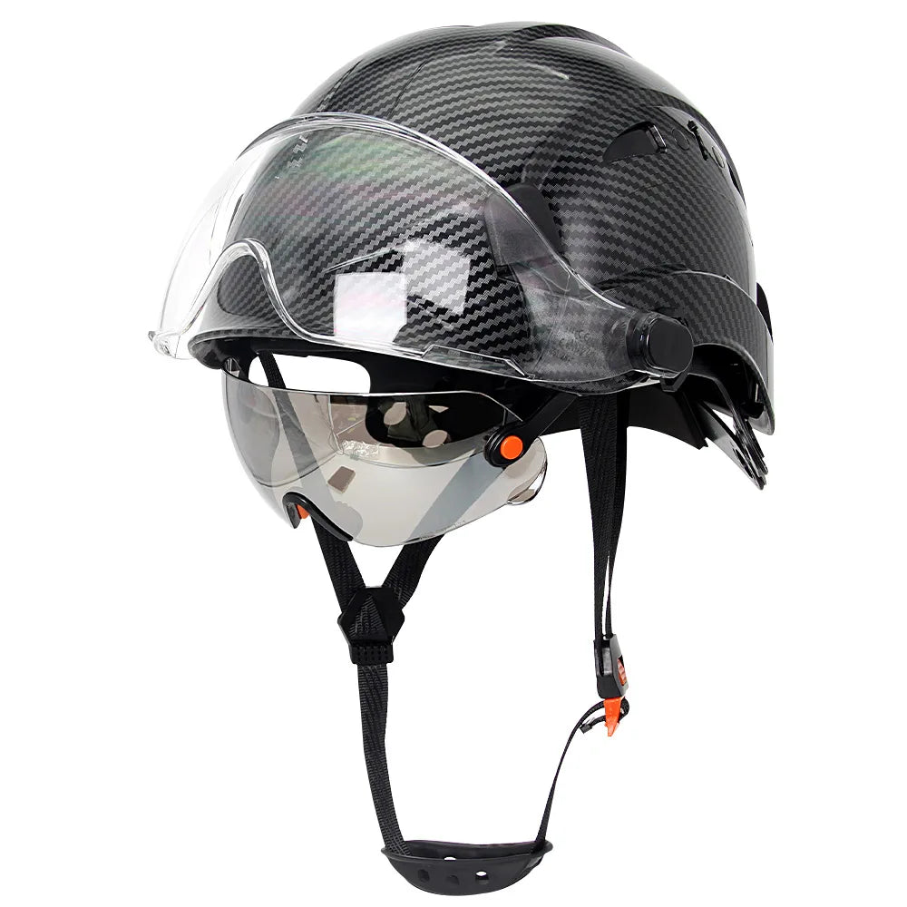 Casco de seguridad con patrón de fibra de carbono y gafas de doble visera para ingenieros, casco de seguridad CE ANSI ABS, gorra de trabajo industrial, rescate