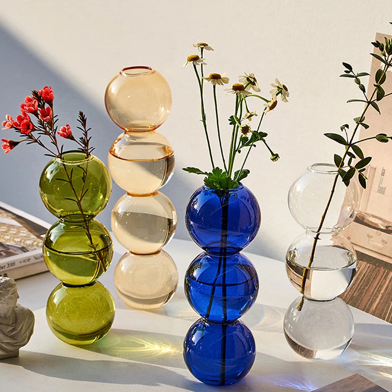 Nuevos adornos japoneses para sala de estar nórdica, jarrones pequeños esféricos creativos y sencillos con flores de vidrio de burbujas de colores, decoración del hogar